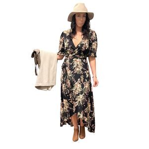 Coco + Carmen Black Floral High-Low Wrap Dress (S/M)